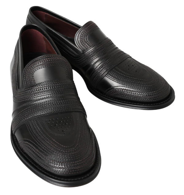 Schwarzes Leder Slipper Loafers Genähte Schuhe