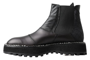 Schwarze Leder-Slipper mit Stretch-Stiefeln