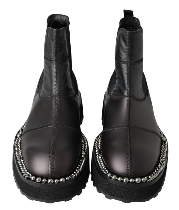 Schwarze Leder-Slipper mit Stretch-Stiefeln