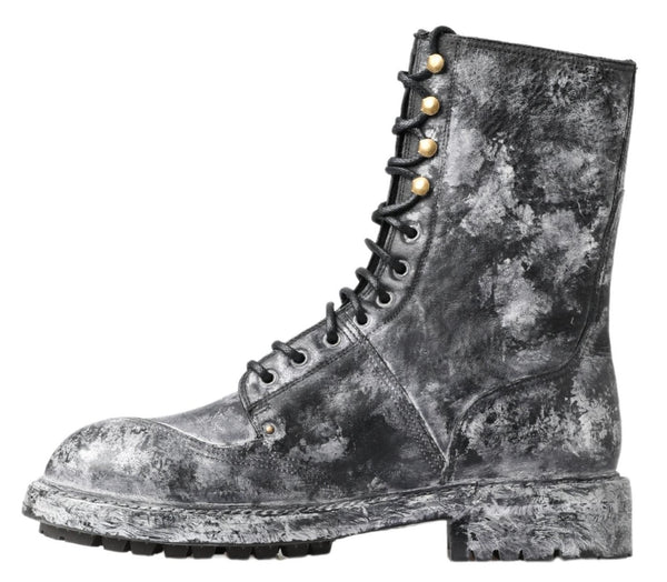 Schwarz Gray Leder Mid Calf Stiefel Schuhe