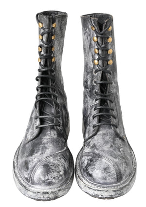 Schwarz Gray Leder Mid Calf Stiefel Schuhe