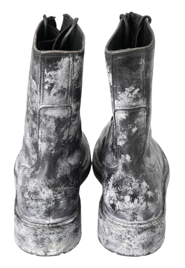 Schwarz Gray Leder Mid Calf Stiefel Schuhe