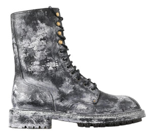 Schwarz Gray Leder Mid Calf Stiefel Schuhe