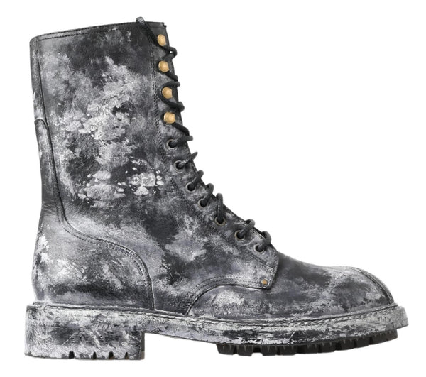 Schwarz Gray Leder Mid Calf Stiefel Schuhe