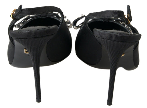 Schwarze kristallverzierte Schuhe mit Slingback-Absatz