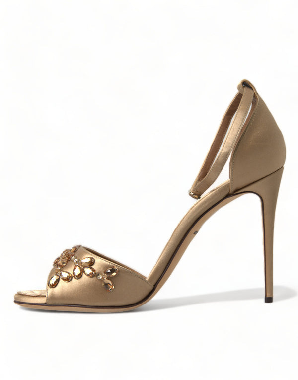 Gold Satin Knöchelriemen Kristall Sandalen Schuhe