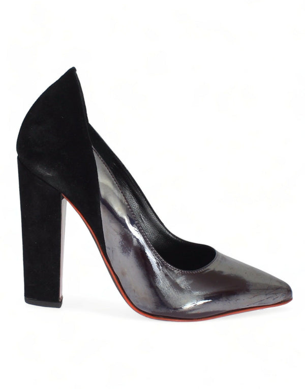 Grau Schwarz Leder Wildleder Heels Pumps Schuhe