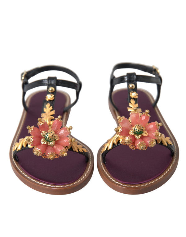 Schwarz Kristall Gold Sandalen Leder Schuhe