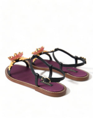 Schwarz Kristall Gold Sandalen Leder Schuhe