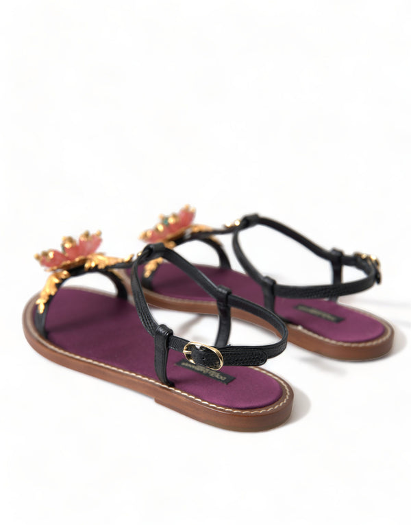 Schwarz Kristall Gold Sandalen Leder Schuhe