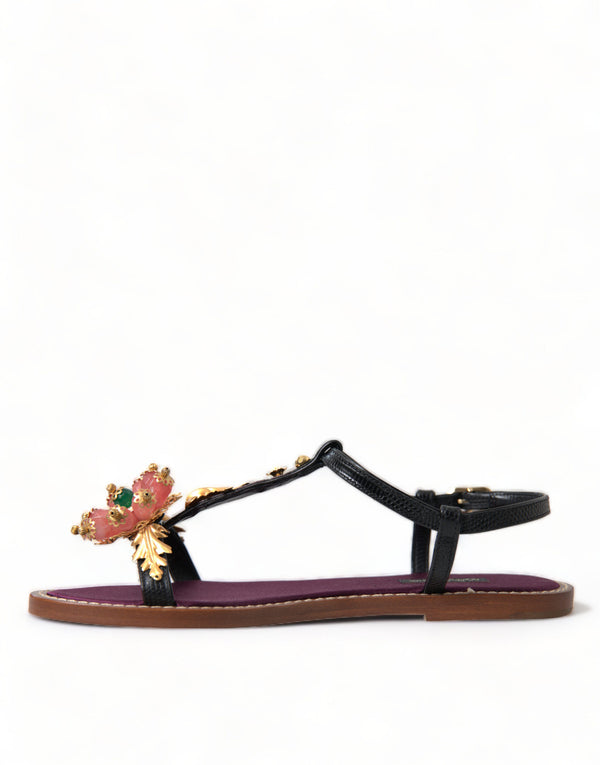 Schwarz Kristall Gold Sandalen Leder Schuhe