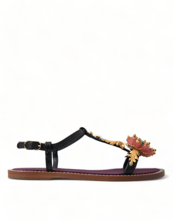 Schwarz Kristall Gold Sandalen Leder Schuhe