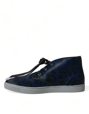 Blaue Kalbsleder Leopard Mid Top Sneakers Schuhe