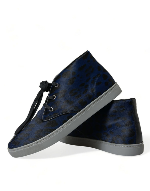 Blaue Kalbsleder Leopard Mid Top Sneakers Schuhe