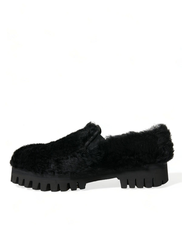 Schwarz Pelz Leder Hausschuhe Kleid Schuhe