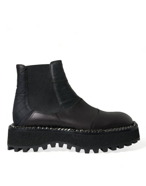 Schwarz Leder Slip On Stretch Chelsea Boots Schuhe