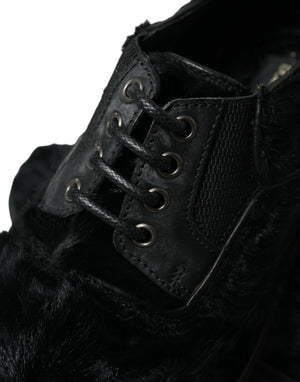 Schwarze Pelz Leder Schnürschuhe Derby Dress