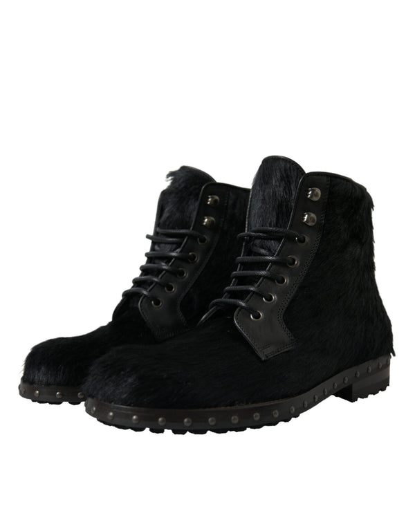 Schwarze Pony Style Leder Mid Calf Stiefel Schuhe