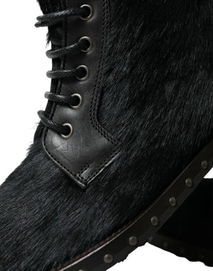 Schwarze Pony Style Leder Mid Calf Stiefel Schuhe
