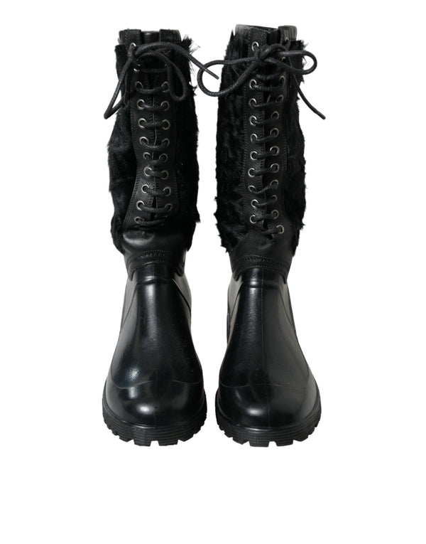 Schwarze Gummischnürsenkel Shearling Regenstiefel Schuhe