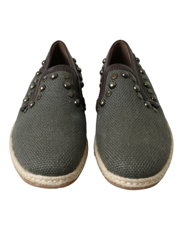 Graue Leinen Leder Nieten Loafers Schuhe
