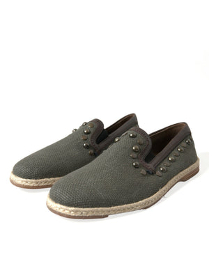 Graue Leinen Leder Nieten Loafers Schuhe