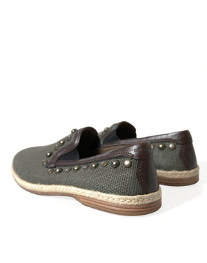 Graue Leinen Leder Nieten Loafers Schuhe