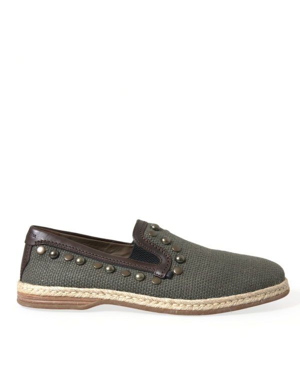Graue Leinen Leder Nieten Loafers Schuhe