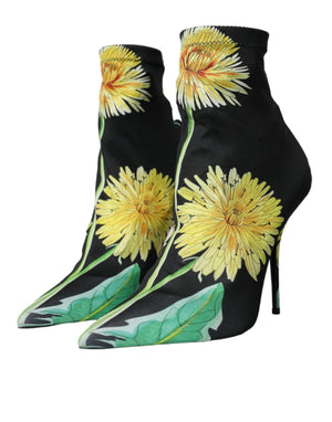 Schwarze geblümte Jersey Stretch-Stiefel Schuhe