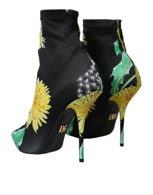 Schwarze geblümte Jersey Stretch-Stiefel Schuhe