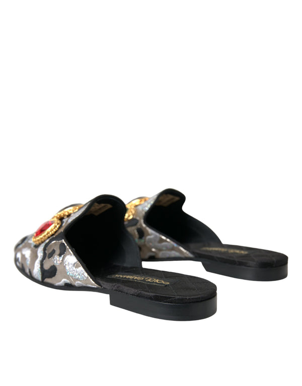 Graue Jacquard Kristall Pantolette Flache Sandalen Schuhe