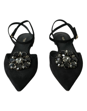Schwarzes Leder Kristall Slingback Sandalen Schuhe