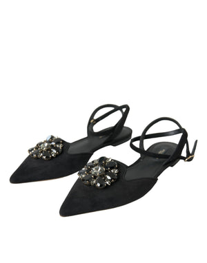 Schwarzes Leder Kristall Slingback Sandalen Schuhe