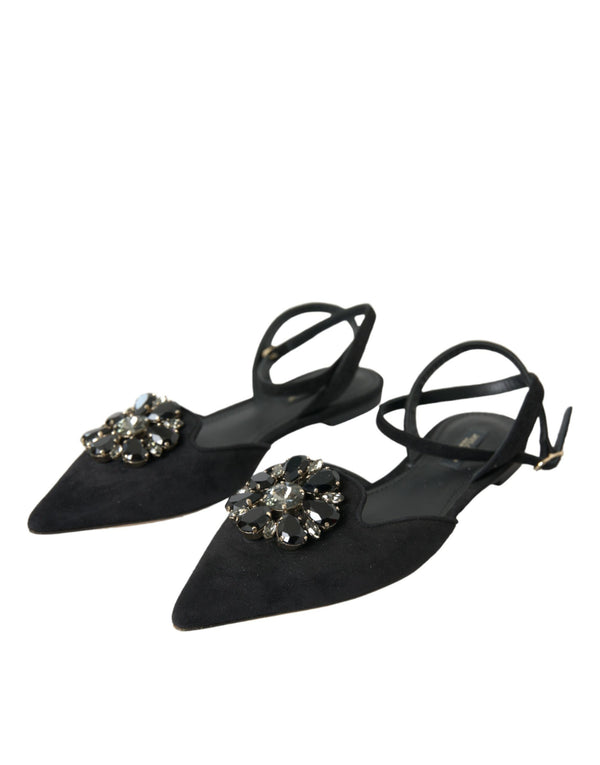 Schwarzes Leder Kristall Slingback Sandalen Schuhe