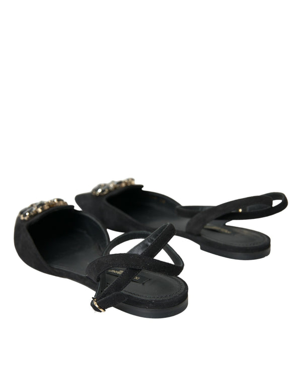Schwarzes Leder Kristall Slingback Sandalen Schuhe