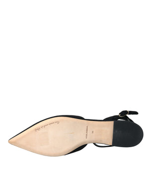 Schwarzes Leder Kristall Slingback Sandalen Schuhe