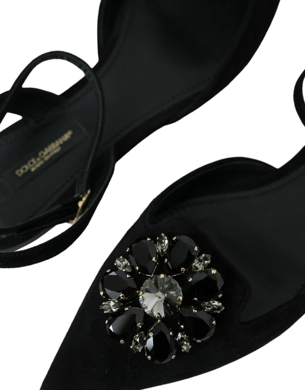 Schwarzes Leder Kristall Slingback Sandalen Schuhe