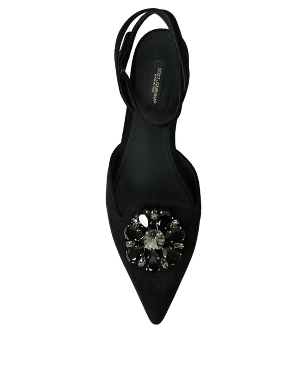 Schwarzes Leder Kristall Slingback Sandalen Schuhe