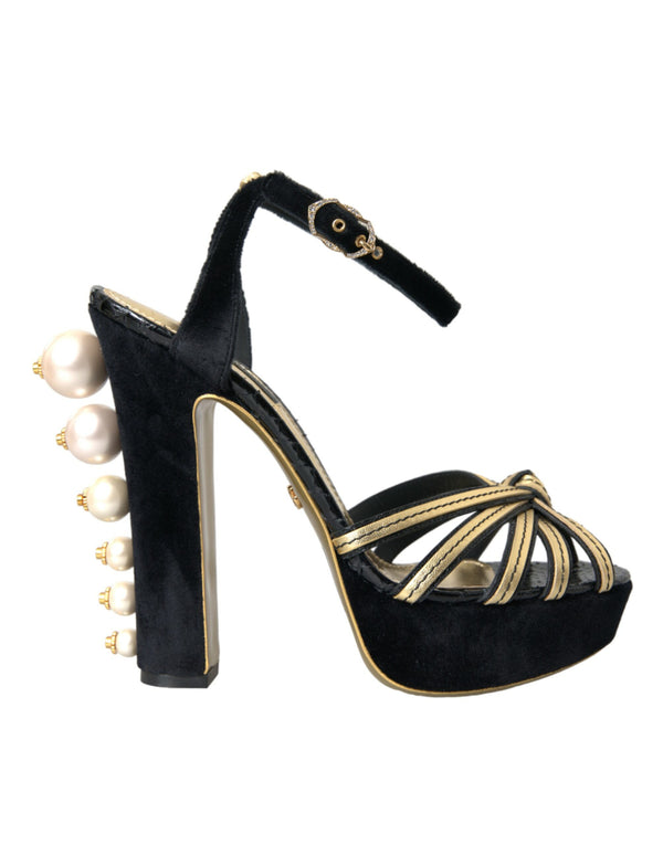 Schwarze, goldene Sandalen mit Verzierungen und Absatz