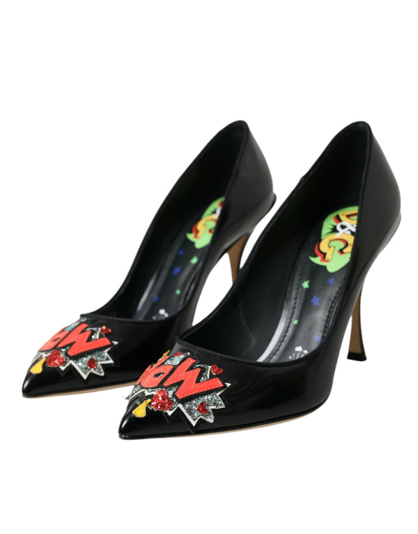 Schwarz Leder WOW Patch Heels Pumps Schuhe
