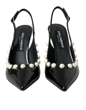 Schwarze Leder Faux Perle Ferse Slingback Schuhe