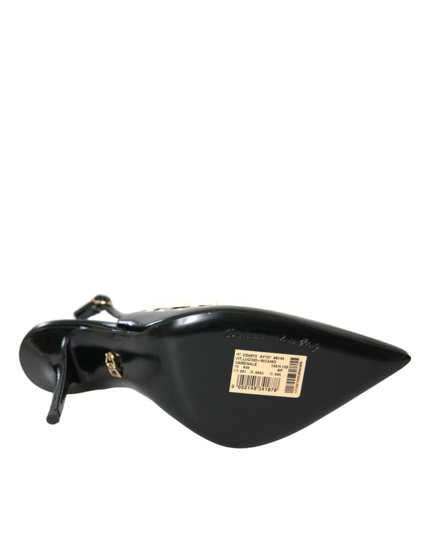 Schwarze Leder Faux Perle Ferse Slingback Schuhe