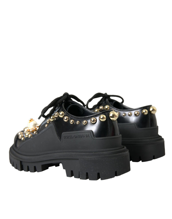 Schwarze Leder Trekking Derby verschönerte Schuhe