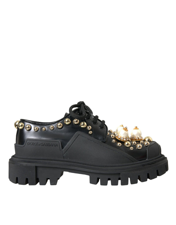 Schwarze Leder Trekking Derby verschönerte Schuhe