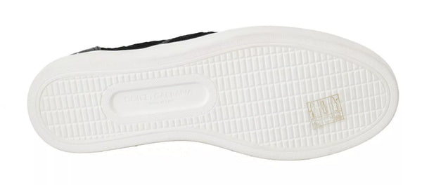 Flache Slip-On-Sneakers aus schwarzem Spitzenleder mit Logo