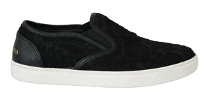 Flache Slip-On-Sneakers aus schwarzem Spitzenleder mit Logo