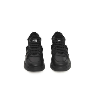 Schwarzes Rindsleder Damen Plateau Sneaker