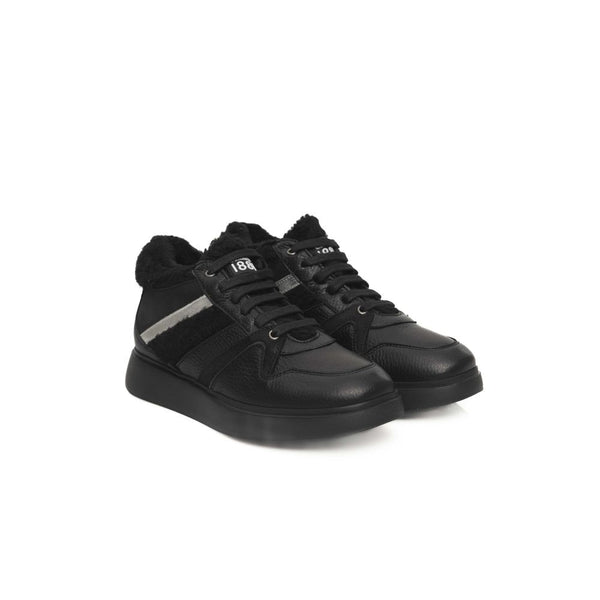 Schwarzes Rindsleder Damen Plateau Sneaker