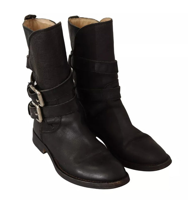 Schwarzes Leder Schnalle Mid Calf Stiefel Schuhe