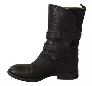 Schwarzes Leder Schnalle Mid Calf Stiefel Schuhe